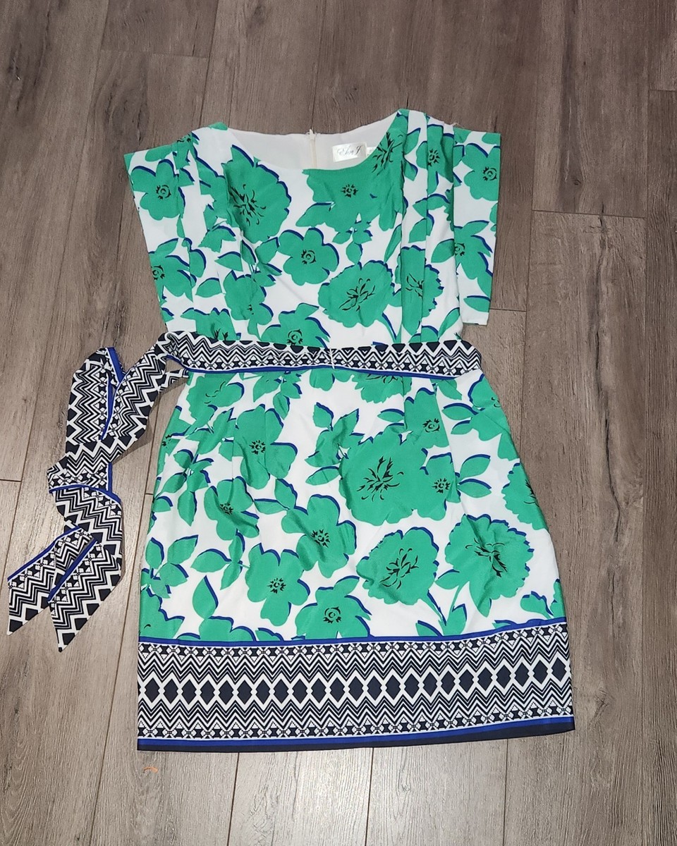 green emerald velvet dress Eliza J Hunter Green Floral Belted Dress With Balloon Sleeves- Size 12   The Saved Collection