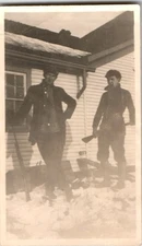 1950s Snowscape Hunting Photograph Two Men Rifles Winter Cabin Leisure