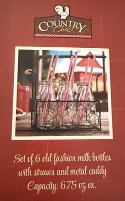 Home Essentials Set of 6 Old Fashioned Glass Milk Bottles Set W/Crate/Straws