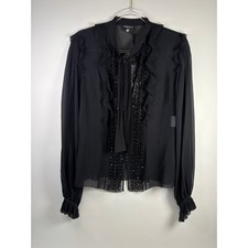 Andrew GN Black Silk Glass Beaded Blouse Tie Neck Long Sleeve Size Large NEW