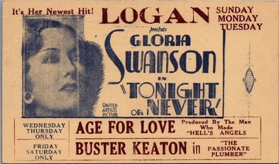 1932 Gloria Swanson Tonight or Never Movie Ad Postcard Postmark Logansport IND