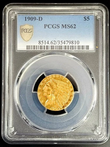 PCGS MS62 1909-D Indian $5 Gold Eagle 0.2419 Oz Gold US Coin 35479810