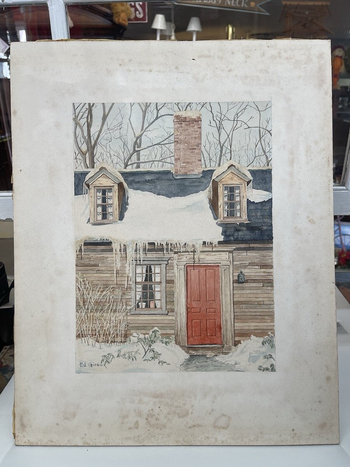 Antique Original Watercolor Painting Cabin In Snow By Ed Giroux eBay