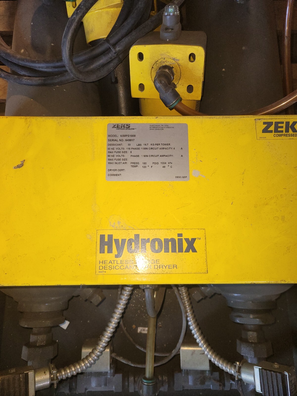 T167066 Zeks Hydronix 60MPS1000 Heatless Purge Desiccant Air Dryer for