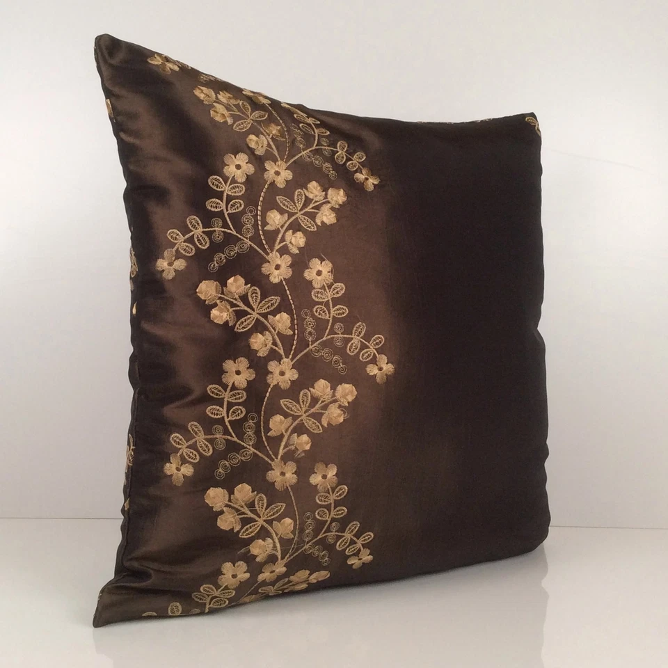 Chocolate Brown Decorative Throw Pillow Cover - Gold-ish Tan Floral Embroidery - Image 2 of 2