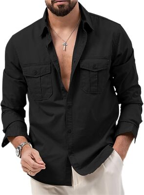 Mens Casual Button Down Shirt Retro Two Pocket Long Sleeve Wrinkle Work Shirt