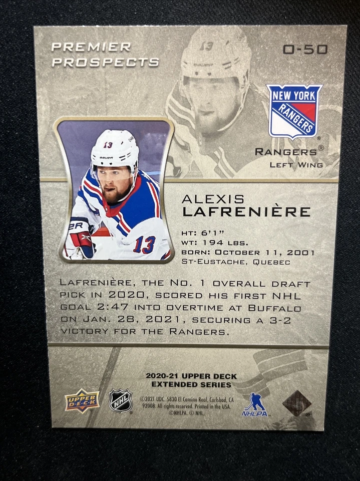 20-21 UD Extended Series RC Ovation Premier Prospects O-50 Alexis LaFreniere - Image 2 of 2