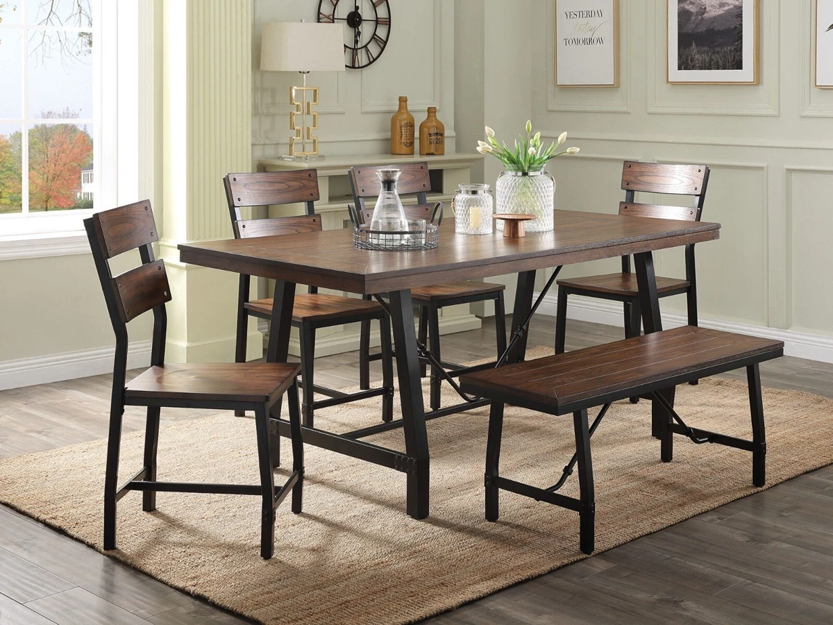 Vintage Style Dining Furniture 6pc Set Table Bench and 4 Side