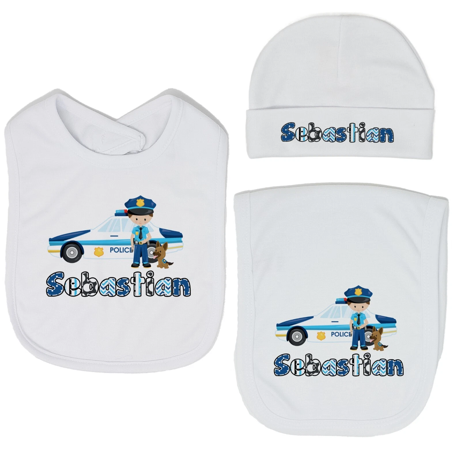 Baby Boy Personalized Custom Policeman Car K-9 Dog Bib and Burp Cloth Set VS2