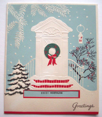 Snowy front door w wreath vintage Christmas greeting card *RR9