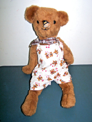 VINTAGE JUNE ECKHART DESIGNER BROWN BEAR PLUSH W/BEAR OVERALL SHORTS BEE ON NOSE