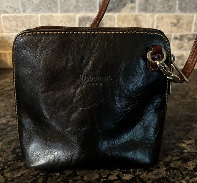 Barberini's Firenze black LEATHER Zip around Crossbody handbag with brown strap 