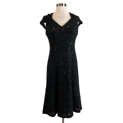 Alex Evenings Women's Cocktail Dress Size 6 Black Sequin Lace Fit and Flare Midi