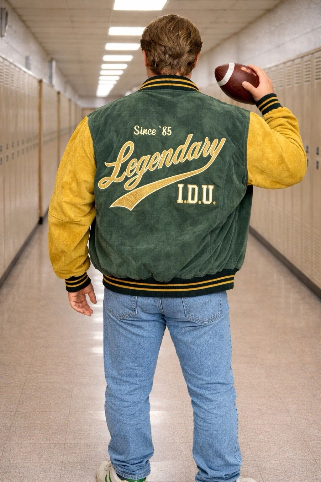 Vtg I.O.U. Legendary Jacket Mens XLGreen/Gold Suede Sleeves Bomber 80’s/90’s