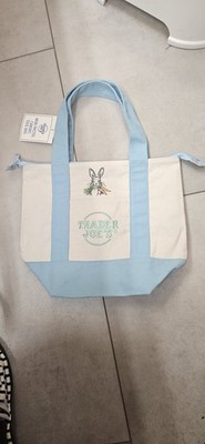 Trader Joe's Canvas Mini Pastel Tote Bag Blue Beige Animal Print Zipper