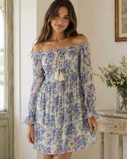 ✨ BOHO OFF SHOULDER FLORAL MINI DRESS FLOWY RAYON TASSEL Size S