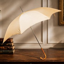 Lux Mid Century Cream Nylon Vintage Umbrella Natural Wood Crook Handle