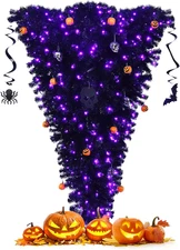 GOFLAME 6FT Upside down Pre-Lit Artificial Christmas Tree, Black Halloween Tree 