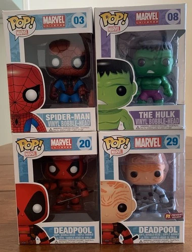 Funko Pop Marvel Universe Lot (Spider Man 03, Hulk 08, Deadpool 20, Deadpool 29)