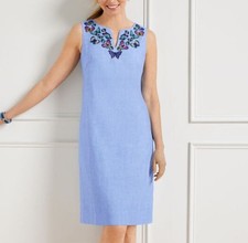 Talbots Embroidered Embroidered Butterfly Linen Shift Dress Blue Knee Length 12