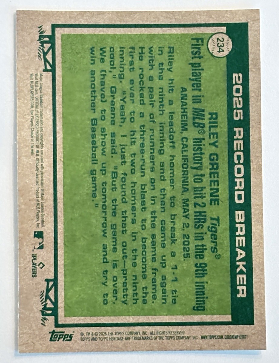 2026 Topps Heritage - Record Breaker Riley Greene #234 Chrome | eBay