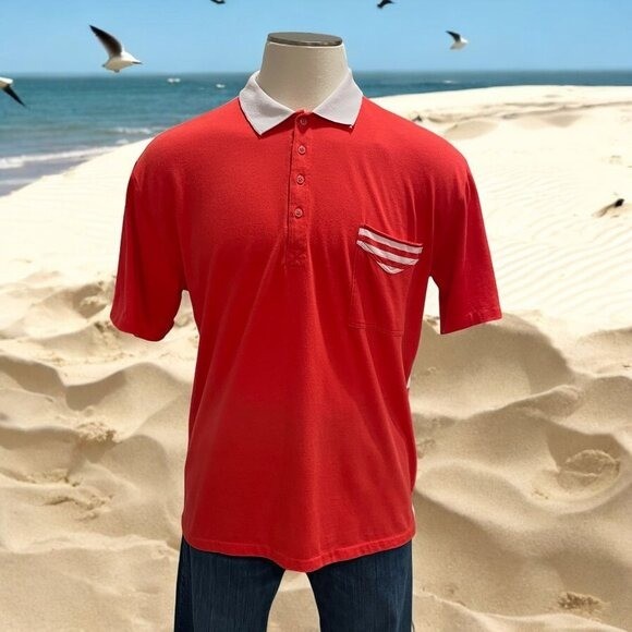 Vintage Puritan Red White Nautical Striped Polo Shirt XL Coastal Summer Resort