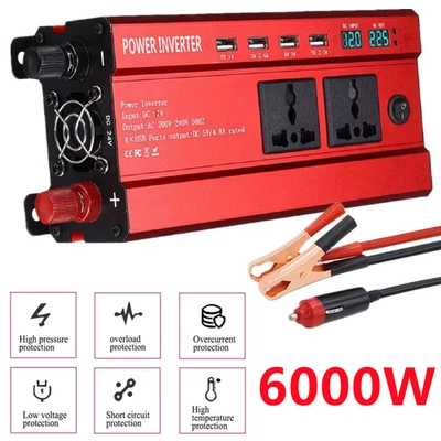 6000W Caravan Van Converter Power Inverter DC 12V To AC 240V LCD 4 USB Socket UK