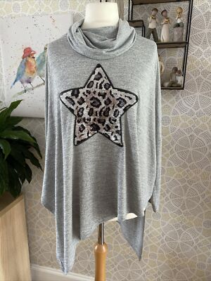 QED London Grey Roll Neck Jumper Star Sequin Medium Large Oversized 