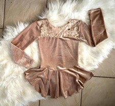 NEW Girls GLITTER TAUPE VELVET Gold SEQUINS Competition Figure ICE SKATING Dress
