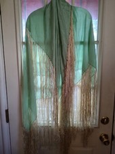 vintage silk fringed piano shawl, Mint Green, Cream Fringe, 1 Yard And A Half By