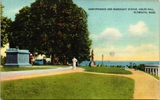 Sarcophagus Massasoit Statue Coles Hill Plymouth Massachusetts MA Linen Postcard