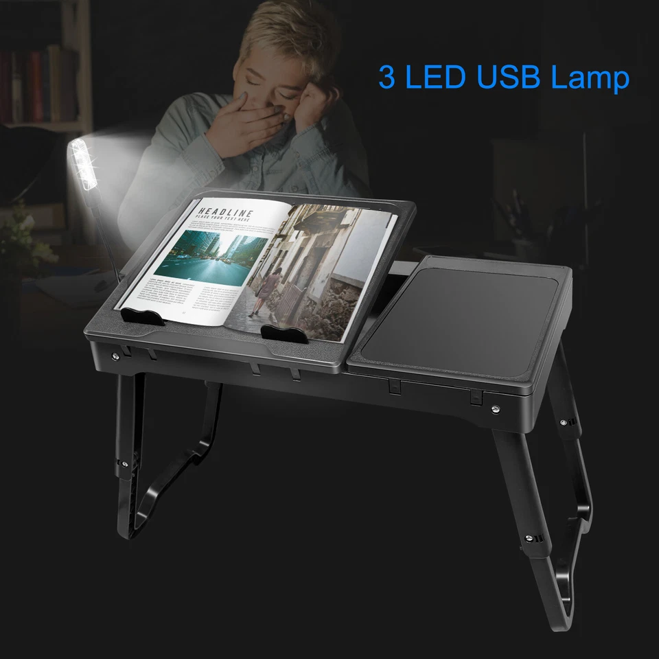 Adjustable Foldable Laptop Notebook Desk Table Stand Bed Tray w/Cooling Fan - Image 2 of 4
