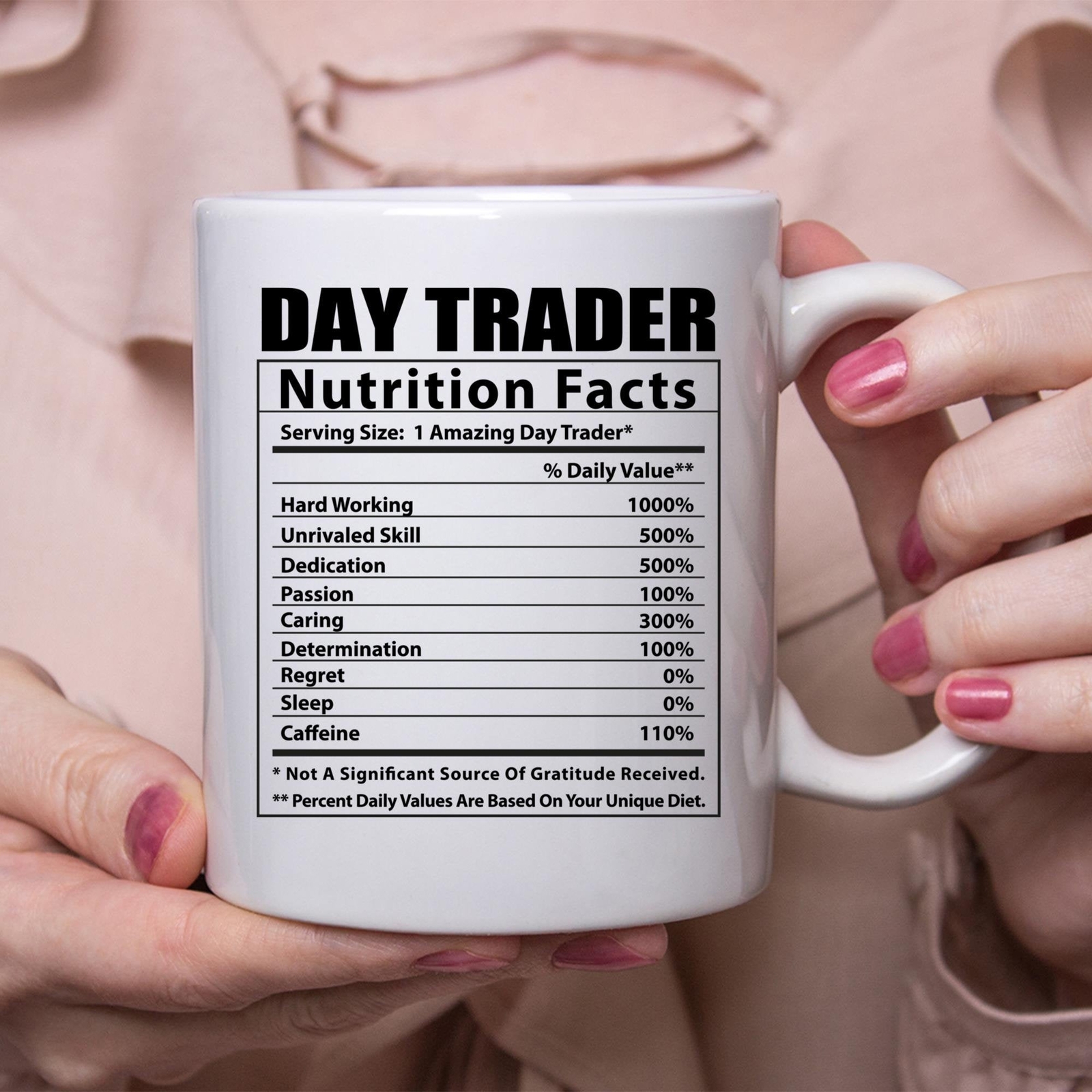 Funny Day Trader Coffee Mug with Stock Market Nutritional Facts Design  