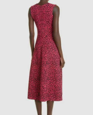 Adam Lippes Leopard Jacquard Fit-&-Flare Midi Dress, Raspberry/Black, Women's, Large, Cocktail & Party Wedding Guest Dresses A-Line Dresses