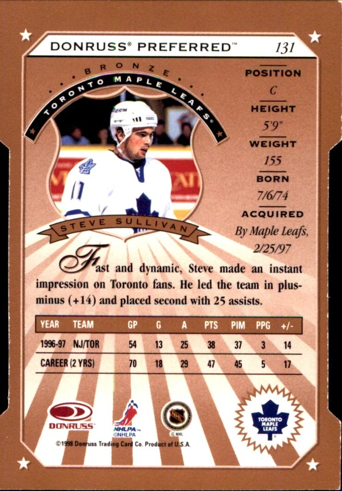 1997-98 Donruss Preferred CUT TO THE CHASE BRONZE #131 Steve Sullivan TORONTO - Image 2 of 2