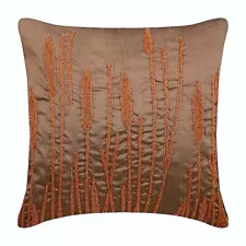 Decorative Pillow Case Orange 16"x16", Couch Decor Silk Beaded - Rusted Beauty