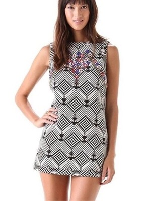 NEW NWT Free People Romantics Mini Dress Womens M White Black Jacquard Beaded