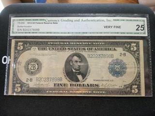 1914 $5 FEDERAL RESERVE NOTE NEW YORK NY LARGE SIZE FR850 VF