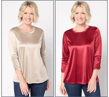 LOGO by Lori Goldstein 2-Pack 3/4 Ruched Sleeve Tops Taupe/Red XS New