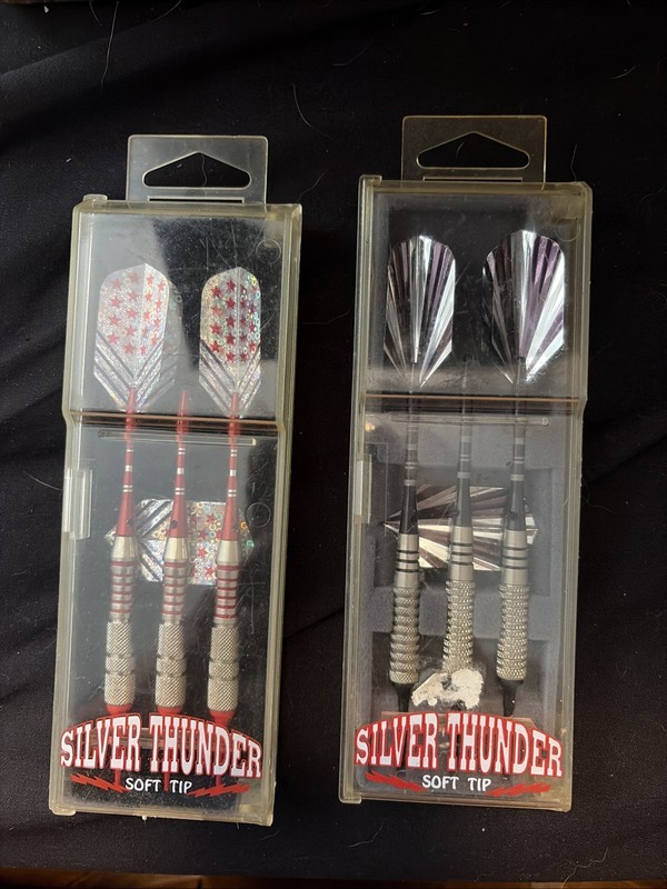 2 Vintage Dart Sets SILVER THUNDER Red Chrome Black Darts Used