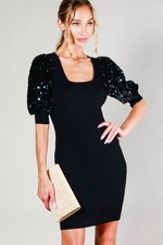 Sequin Detail Puff Sleeve Rib Knitted Mini Dress