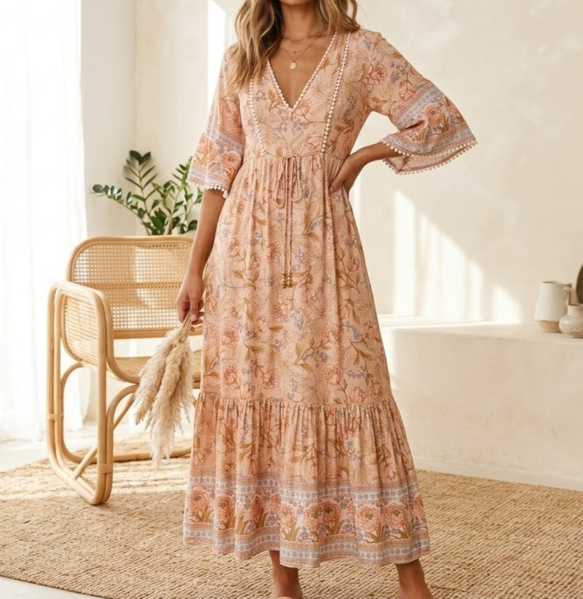 Aria Australia Floral Maxi Dress Size S Pink Tan Bell Sleeve Tiered Pom Pom Boho | eBay Aria Australia Floral Maxi Dress Size S Pink Tan Bell Sleeve Tiered Pom Pom Boho | eBay