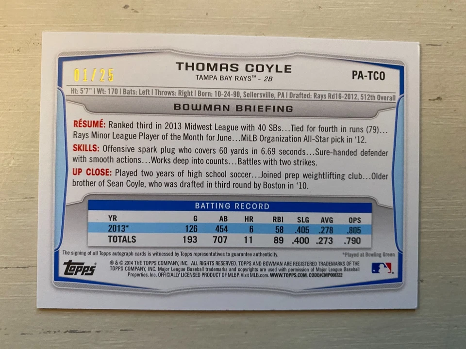 Bowman - Prospect Autographs Thomas Coyle 2014 #PA-TCO negro #01/25 (AU, RC) Foto 2 de 3