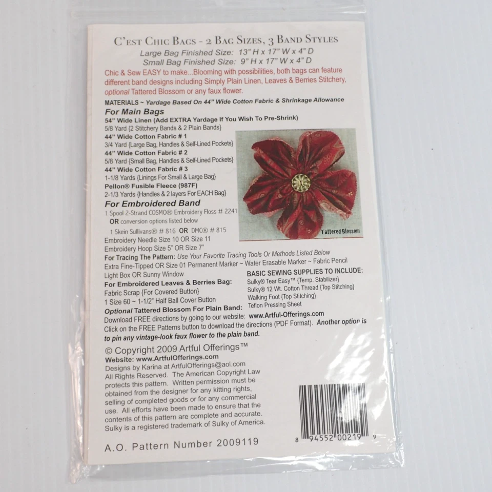 Sew Easy Artful Offerings C'est Chic Purses Bags Sewing 2009 Pattern Uncut - Image 2 of 2