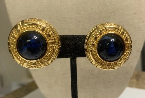 Orecchini Vintage Grandi Christian Dior Blu Finto Cabochon Placcato Oro Clip