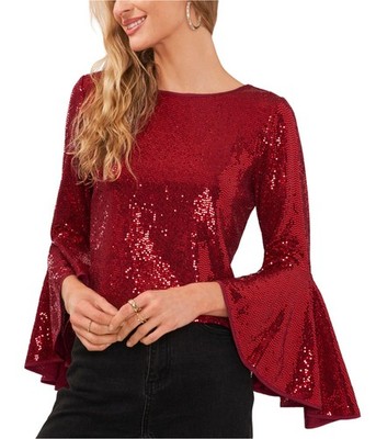 Vince Camuto Womens Metallic Knit Flutter Ruffled Blouse, brightred, M