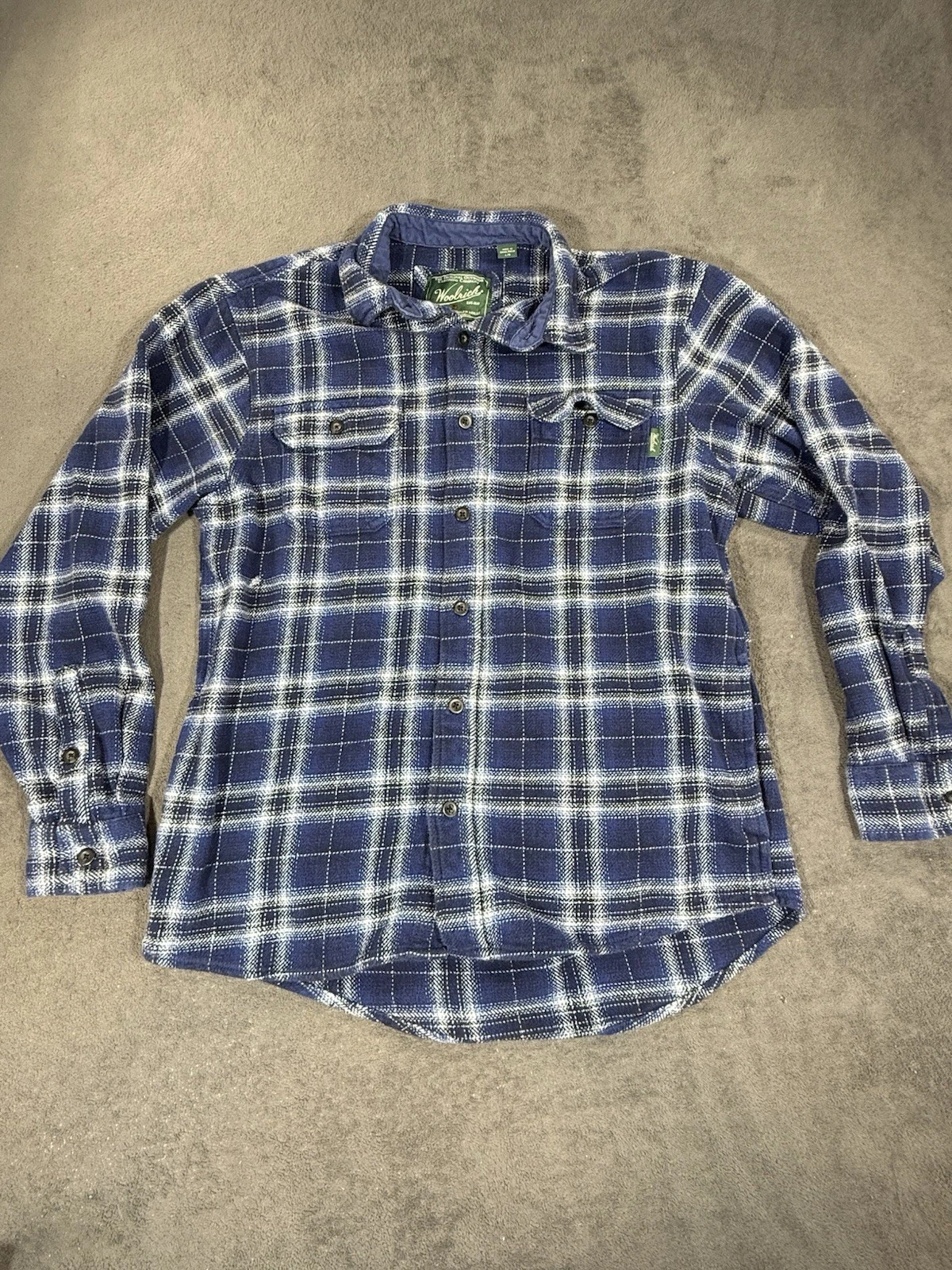 Woolrich Mens Large Blue Plaid Flannel Shirt Button Front Outdoor Heavy Cotton