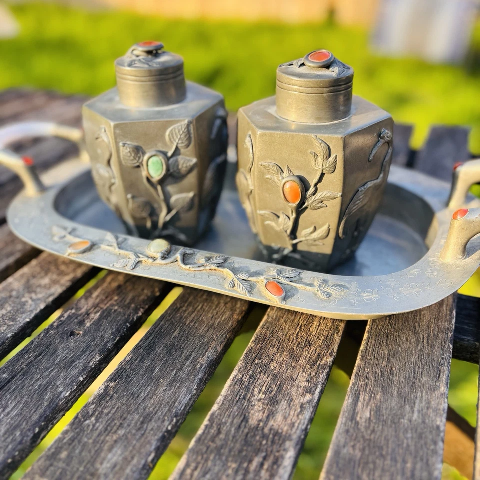 Caddies de té chinos antiguos de peltre con bandeja asas de jade piedras semipreciosas Foto 2 de 4