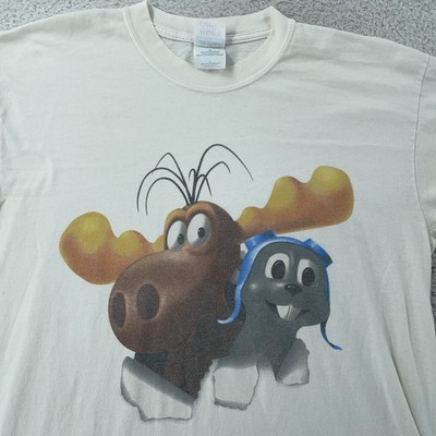 Vintage Rocky & Bullwinkle T-Shirt Mens M/L White Graphic Cartoon Gildan 00s