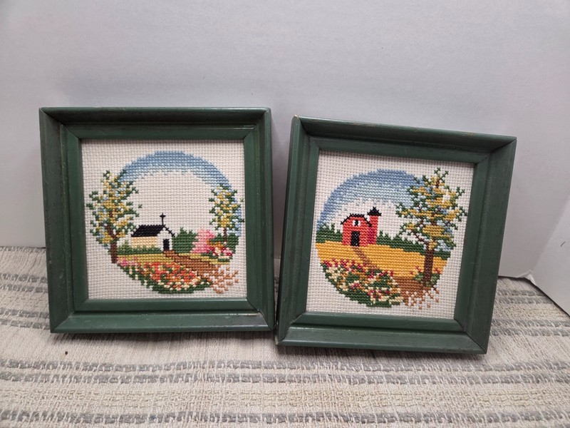 vintage Jiffy stitch barn and church completed cross stitch 